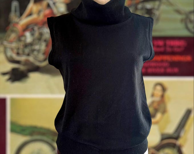 Vintage 1960 1970 Kimlon Black Knit Oversized Funnel Neck Sleeveless Sweater
