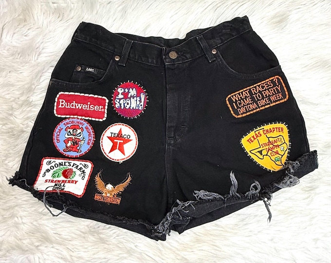 Vintage Lee Black Denim Shorts With Patches 30” Waist
