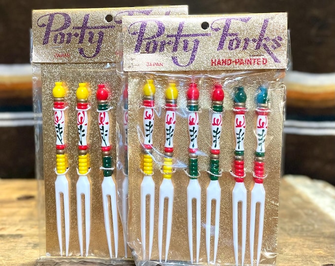 Vintage 1970 Handpainted Appetizer Party Forks unopened