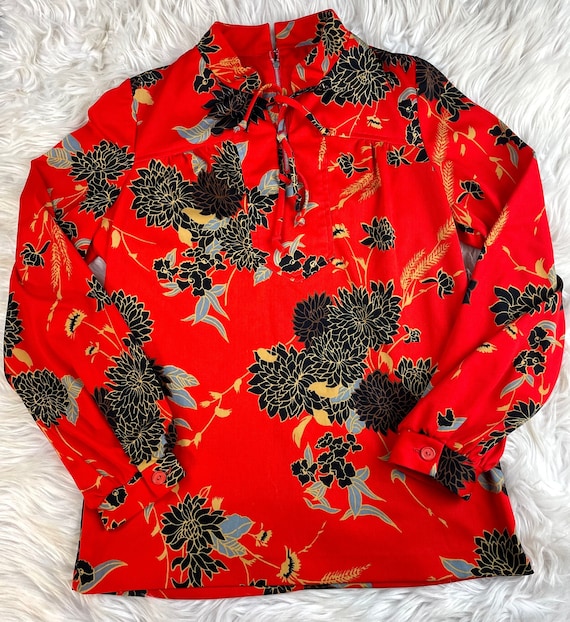 Vintage 1960 1970 Red Floral Polyester Blouse wit… - image 2