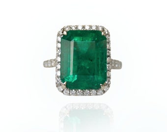 7.8 Carat Emerald Emerald Cut Ring, Diamond Ring, 18K White Gold , Ring Size 6.5