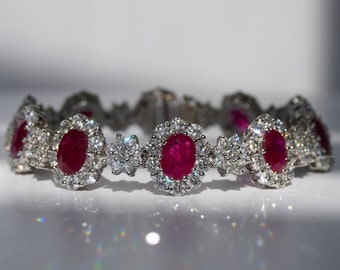 13.26 Carat Ruby Oval Bracelet, 18K White Gold, Tennis Bracelet, Flower Bracelet, Red Ruby, July Birthstone, Bridal Jewelry, Engagement