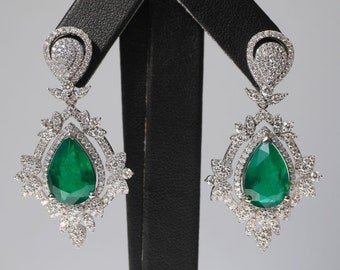 8.04 Carat Emerald Dangle Earrings, Pear Shape, 18K White Gold, Zambian Emeralds, May Birthstone, Emerald Earrings, Bridal Jewelry