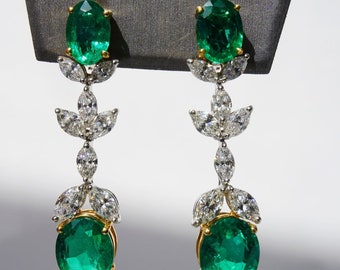 Certified 12 Carat Emerald Dangle Earrings, Oval Emeralds, Zambian Emerald, Platinum, Bridal Jewelry, Flower Earrings, Engagement Jewelry