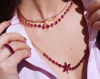 26.07 Carat Floral Ruby Necklace, 18K Rose gold, 23 Inches, Flower Necklace, Flower Jewelry, Long Necklace, Layered Necklace, July Gemstone