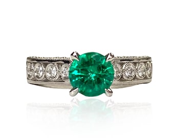 Natural Colombian Emerald Round Ring 1.00 CT, 18K White Gold, Diamonds, Colombian Emerald, Emerald Ring, Emerald Jewelry, Engagement Ring