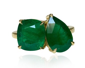 Anillo de Esmeralda Natural Toi Et Moi 5.26 CT, Oro Amarillo de 18K, Esmeraldas, Anillo de Toi Et Moi, Corte de Cojín, Pera, Anillos, Joyas de Esmeralda, Anillo de Esmeralda