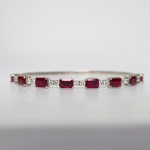 4.48 Carat Ruby Bangle Bracelet, 6x4 mm Emerald Cut Rubies, 18K White Gold, Ruby Bracelet, Fine Rubies, Diamonds, Bracelet Stack