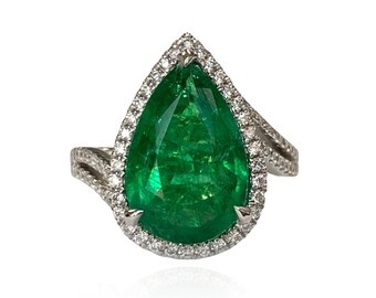 Natural Emerald Pear Ring 4.22 CTS, 18K White Gold, Diamonds, Emerald Ring, Emerald Jewelry, Engagement Ring, Cocktail Ring, Bridal Jewelry