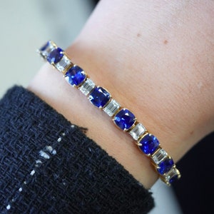 Certified 15.89 Carat Sapphire Bracelet, 18K Yellow Gold, Tennis Bracelet, Alternating Diamonds, Classy Bracelet, September Birthstone image 2