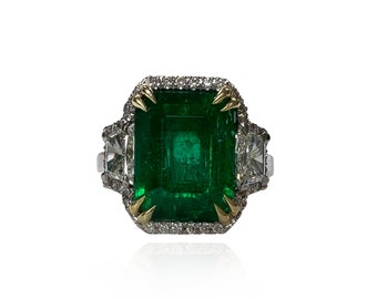 Certified 5.30 Carat Emerald Halo Three Stone Ring, Emerald Ring, Platinum, Ring Size 7, Emeraldcut, Emerald Jewelry, Diamonds,  Rings