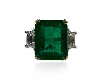 6.25 Carat Emerald Three Stone Ring , 18k yellow gold