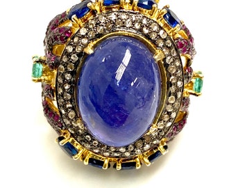 Tanzanite Oval Cabochon with Emerald, Ruby& Sapphire Ring