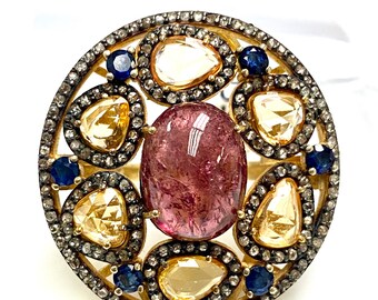 Rubilite Oval Cabochon with Sapphire Rosecut Silver Ring