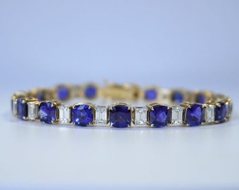 Certified 15.89 Carat Sapphire Bracelet, 18K Yellow Gold, Tennis Bracelet, Alternating Diamonds, Classy Bracelet, September Birthstone