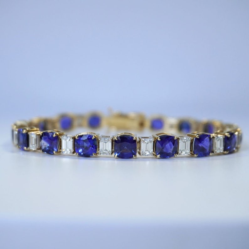 Certified 15.89 Carat Sapphire Bracelet, 18K Yellow Gold, Tennis Bracelet, Alternating Diamonds, Classy Bracelet, September Birthstone image 1