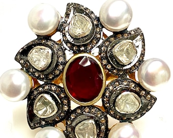 Cultured Glassfield Ruby with Cultured Pearl & Diamond