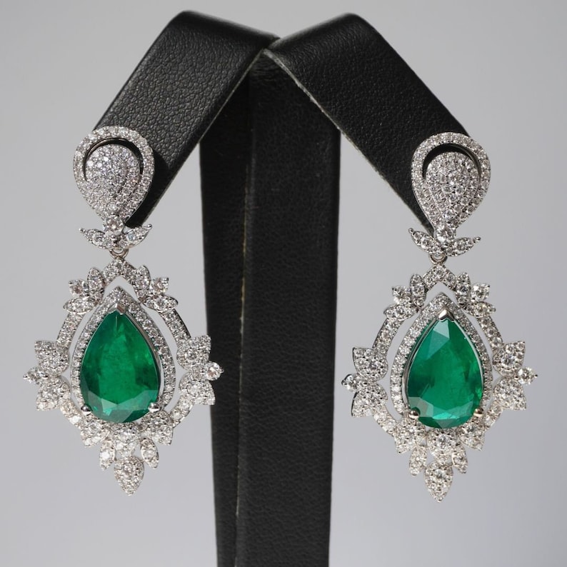 8.04 Carat Emerald Dangle Earrings, Pear Shape, 18K White Gold, Zambian Emeralds, May Birthstone, Emerald Earrings, Bridal Jewelry image 1