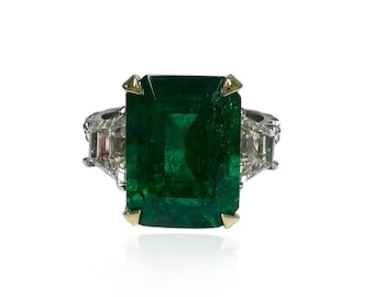 4.97 Carat Emerald Three Stone Ring , 18k Yellow Gold