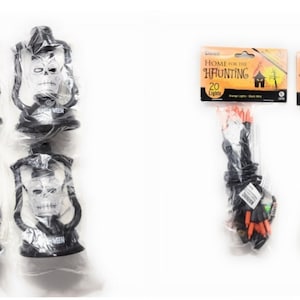 May include: Set of six black plastic Halloween lanterns with a skull face design.  The lanterns are packaged in clear plastic bags.  Also included are two packages of black and white spider web table covers.