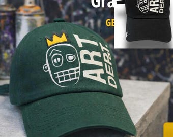 Graphic Print Animated Vinyl Logo Hat, Green Baseball Cap, Basquiat-Crown Dad Hat