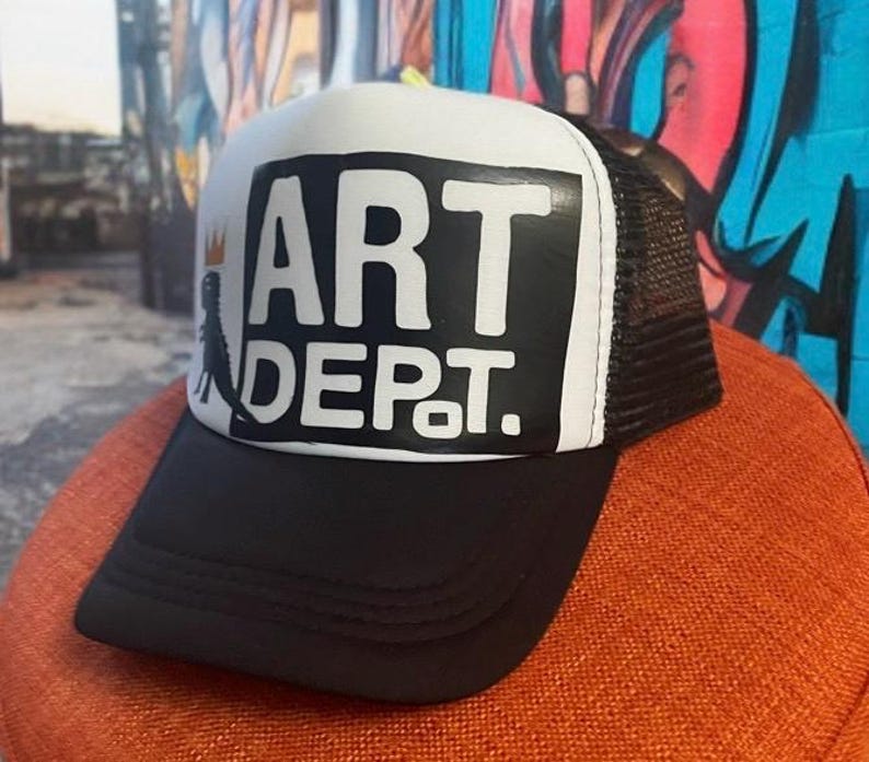 Graphic Print Viny Logo Mesh Trucker Baseball Cap | Basquiat Inspired Pop Art Dino Snapback Hat image 3