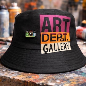 Black Multicolored Stylish Bucket Hat - Art Depot Gallery Bucket Cap with Removable Photographer Enamel Pin