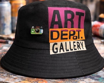 Black Multicolored Stylish Bucket Hat - Art Depot Gallery Bucket Cap with Removable Photographer Enamel Pin