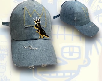 Chapeau brodé couronne Basquiat en denim personnalisé vintage Dino dinosaure imprimé graphique casquette de baseball unisexe Strapback papa chapeau