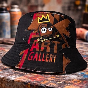 Custom Handcrafted Patchwork Bucket Hat – Urban Art Basquiat-Inspired Crown Stylish Hat w/ Removable Safety Pin