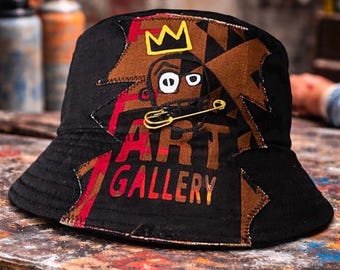 Custom Handcrafted Patchwork Bucket Hat – Urban Art Basquiat-Inspired Crown Stylish Hat w/ Removable Safety Pin
