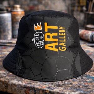 Custom Handcrafted Faux Leather Embroidered Bucket Hat - Graphic Anime Art Gallery Hat