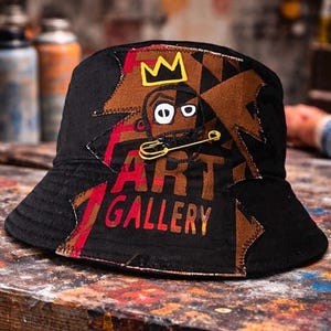 May include: Black bucket hat with a colourful graphic design. The hat features a crown, a face, and the words "ART GALLERY" in red and orange. A gold safety pin accents the design. The hat is on a wooden surface.