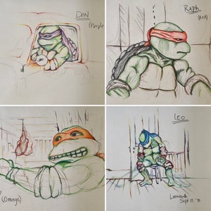 May include: A drawing of four Teenage Mutant Ninja Turtles, each with a different colored bandana. Don is wearing a purple bandana, Raph is wearing a red bandana, Leonardo is wearing a blue bandana, and Michaelangelo is wearing an orange bandana. The drawing is in pencil and colored pencil.