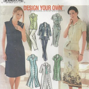 May include: A sewing pattern for a dress with seven different design options. The pattern includes a long, sleeveless dress with buttons down the front, a short-sleeved shirt with a collar, a long-sleeved jacket, a skirt, and a pair of trousers. The pattern is for sizes 6, 8, 10, and 12. The pattern is from Simplicity.