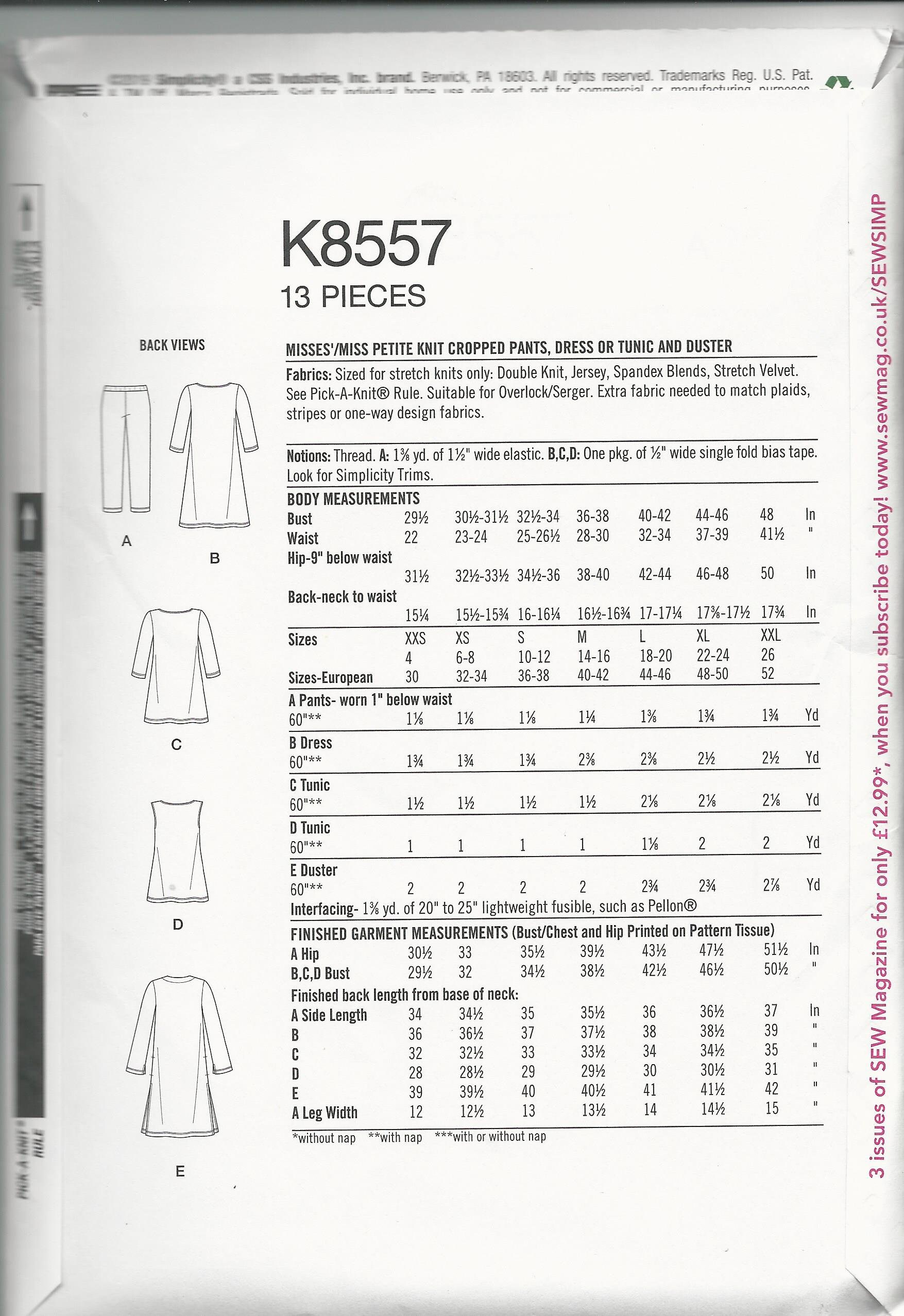 Simplicity K8557 Ladies Easy to Sew pattern wardrobe Builder