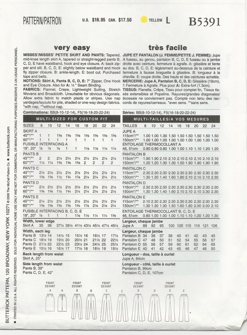 Wardrobe Builder Sewing Pattern, Butterick 5391 Pants and Skirt Sizes