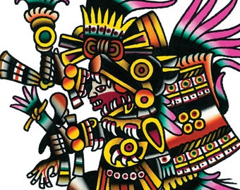 May include: A colorful illustration of a stylized Aztec deity with elaborate headdress and feathered wings. The artwork features bold outlines and a vibrant palette of black, yellow, red, and pink, reminiscent of traditional tattoo art.