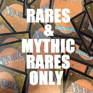 May include: A collection of Magic: The Gathering trading cards, with the text "RARES & MYTHIC RARES ONLY" in large white letters. The cards have a brown and gold color scheme, with the "Magic: The Gathering" logo visible.