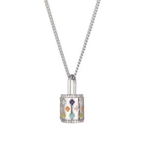 May include: Silver-toned padlock pendant necklace. The pendant features colorful floral designs and is encrusted with small, clear stones. The necklace has a curb chain and a simple clasp.
