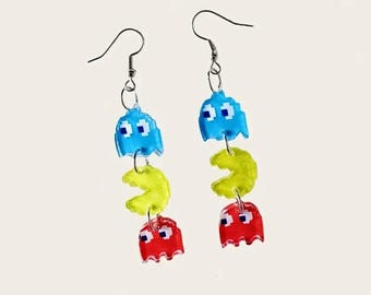 Retro 8-Bit Pac-Man Earrings Pair (Set of 2) High Detail Acrylic Multi Color Cute Colorful Video Game Gaming Design Ear Ring Set Handmade