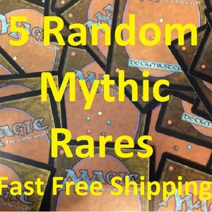 May include: A close-up of five Magic: The Gathering cards with the text "5 Random Mythic Rares Fast Free Shipping!" on top. The cards are brown and gold with black borders and have a deckmaster logo.