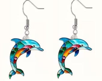 Stained Glass Dolphin Earrings Pair (Set of 2) - High Detail Acrylic Rainbow Multi Color Cute Colorful Dolphins Tropical Fish Design Jewelry