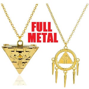 May include: Two gold-colored metal necklaces. One features a triangular pendant with an eye design, the other a circular pendant with a triangle and spike accents. The text "FULL METAL" is in red.