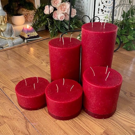 Red Three Wick Pillar Candles - Set of Five