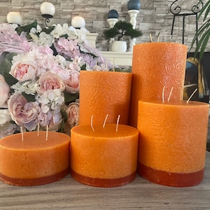 Orange Three Wick Pillar Candles - Set of Five