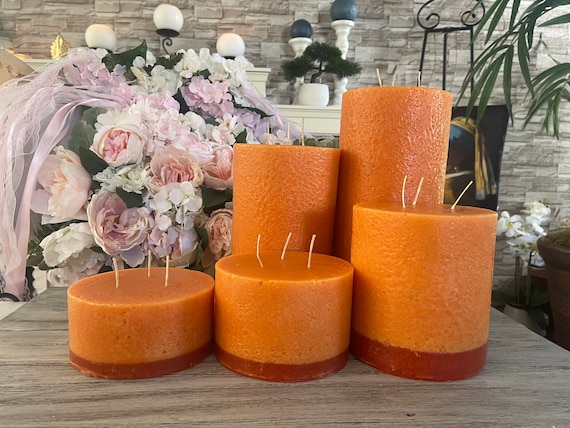 Orange Three Wick Pillar Candles - Set of Five