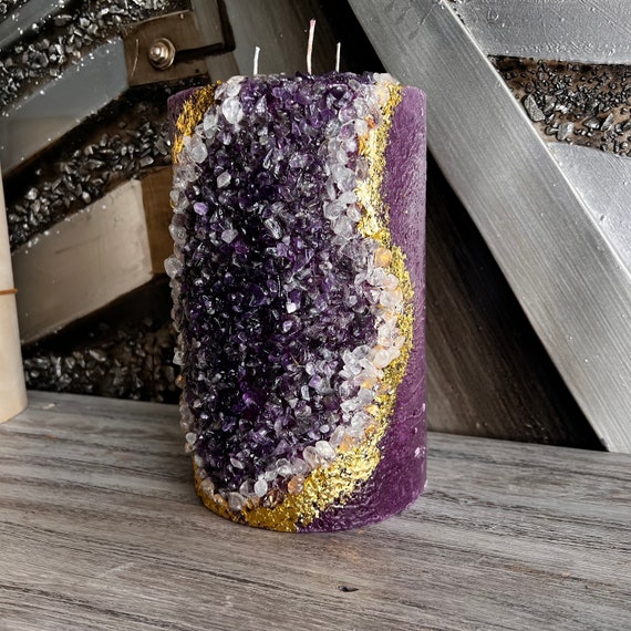 Bijou Purple Artisan Large Three Wick Pillar Candle - Handmade with real Gold 24K plus real gemstones