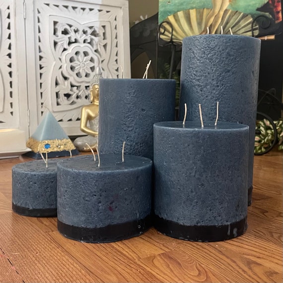 Blue Three Wick Pillar Candles - Set of Five