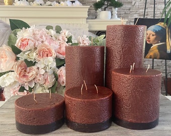 Brown Three Wick Pillar Candles - Set of Five